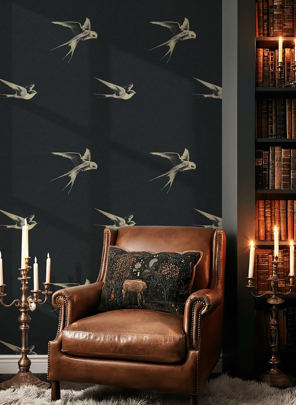 Charcoal Black Swallow Bird Motif Wallpaper