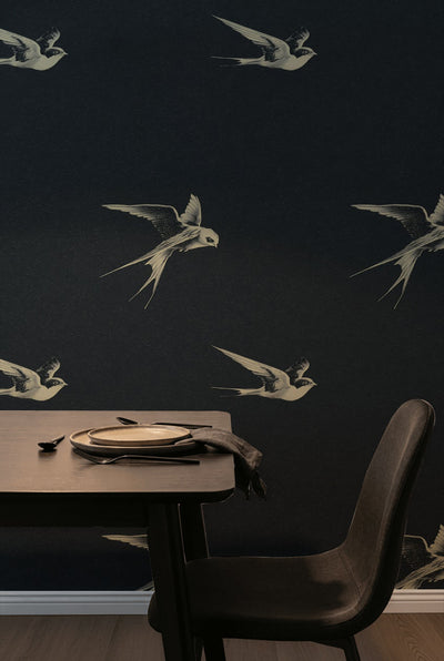 Charcoal Black Swallow Bird Motif Wallpaper