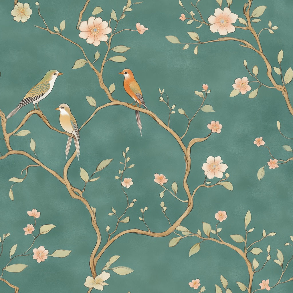 Emerald Green Cherry Blossom And Bird Pattern Wallpaper pattern artwork