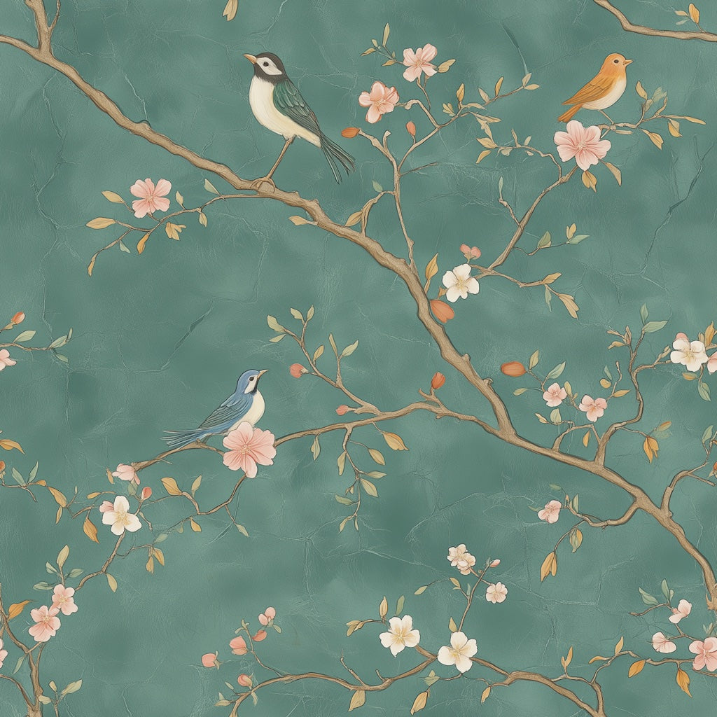 Emerald Green Cherry Blossom Bird Pattern Wallpaper pattern artwork