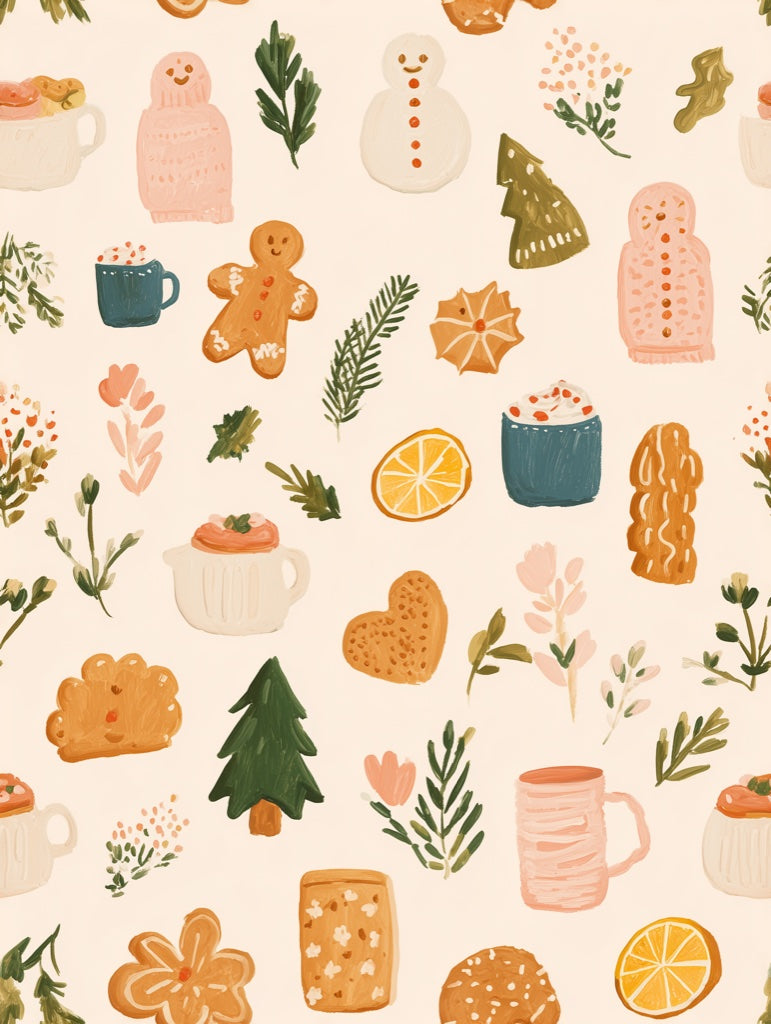 Cream Festive Treats and Foliage Wallpaper pattern artwork