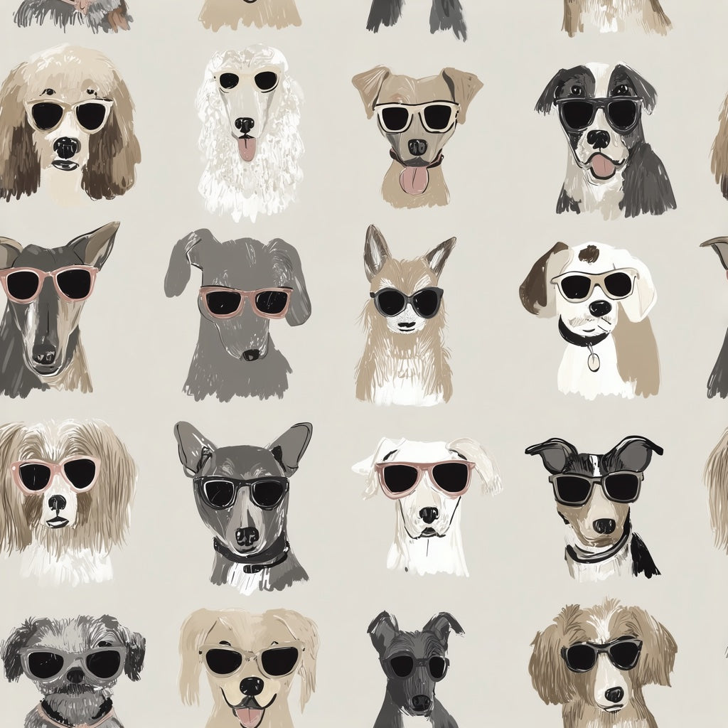 Beige Playful Sunglasses Dog Wallpaper pattern artwork