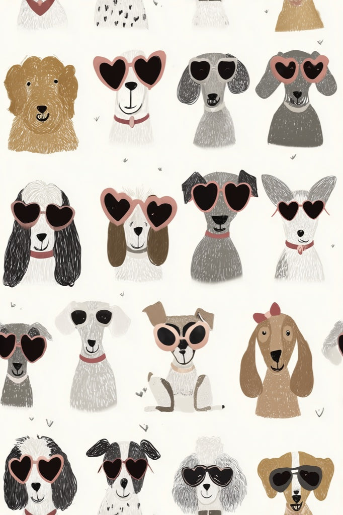 Cream Playful Dogs with Sunglasses Wallpaper pattern artwork