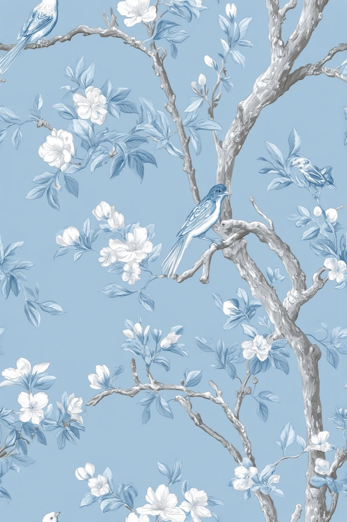 Sky Blue Cherry Blossom and Bird Wallpaper pattern artwork