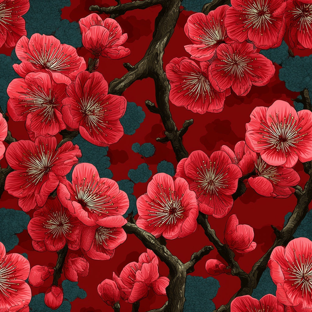 Rich Burgundy Cherry Blossom Floral Wallpaper pattern artwork