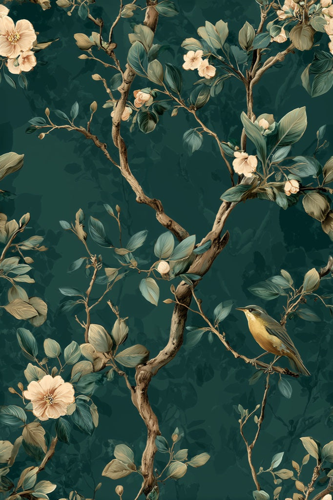 Dark Emerald Floral Bird Botanical Wallpaper pattern artwork