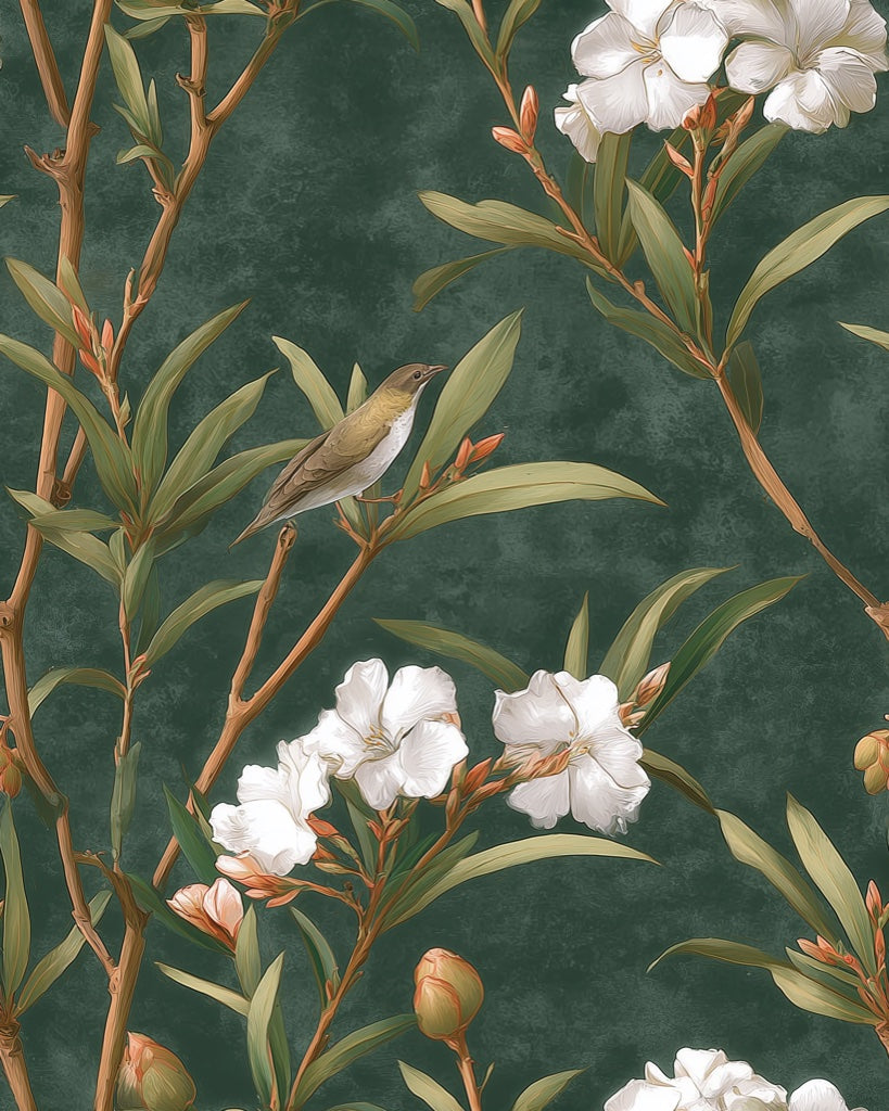 Deep Forest Green Floral and Bird Wallpaper pattern artwork