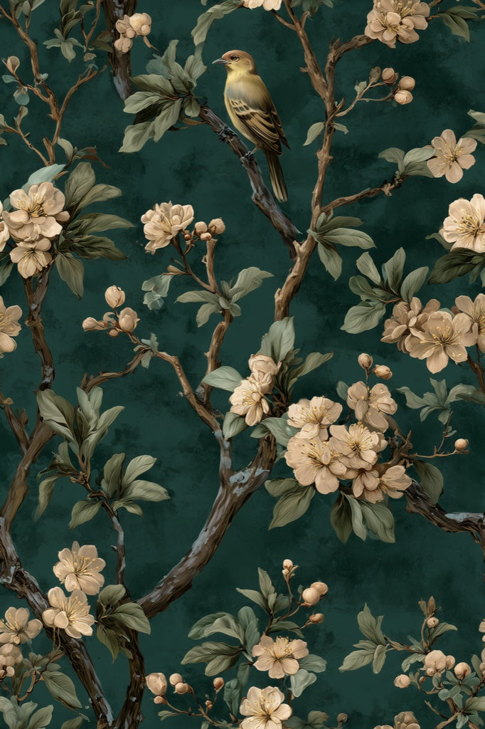 Emerald Green Vintage Floral Bird Wallpaper pattern artwork