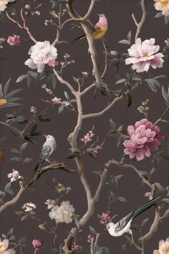 Dark Charcoal Peony and Bird Chinoiserie Wallpaper pattern artwork