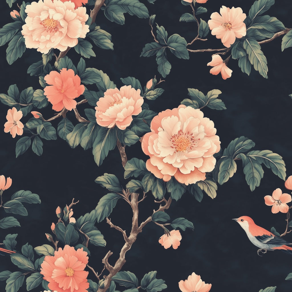 Elegant Black Vintage Peony and Bird Wallpaper pattern artwork