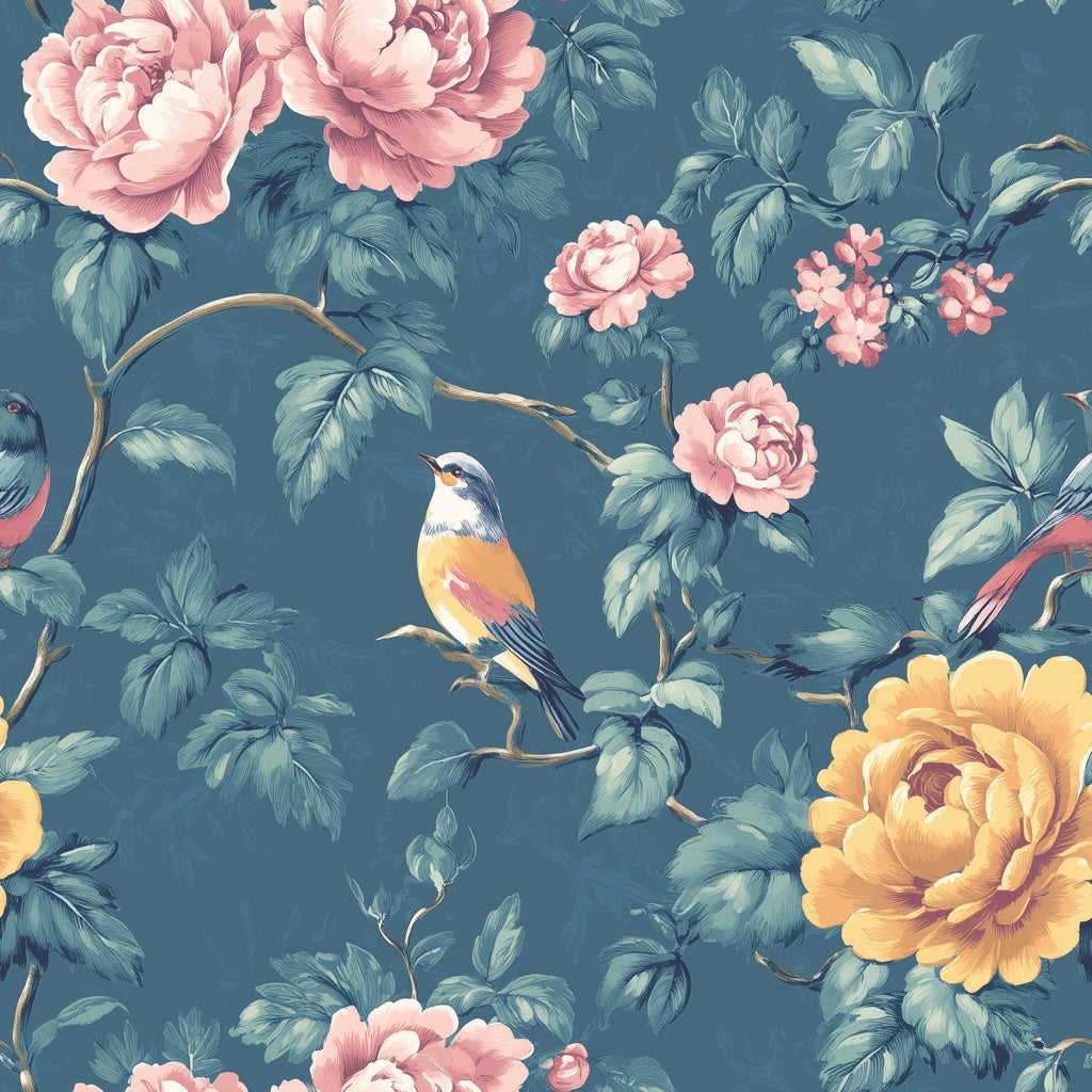 Deep Blue Botanical Birds and Roses Wallpaper pattern artwork