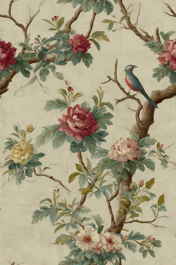 Beige Vintage Rose and Bird Botanical Wallpaper pattern artwork