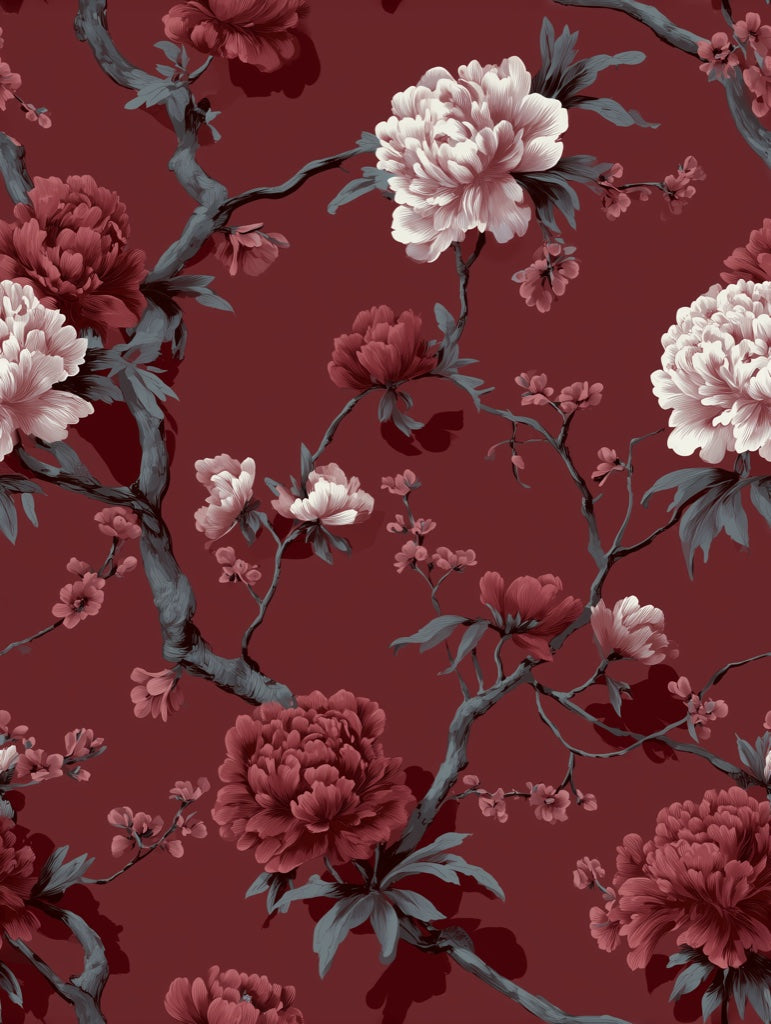 Deep Burgundy Peony Floral Wallpaper pattern artwork