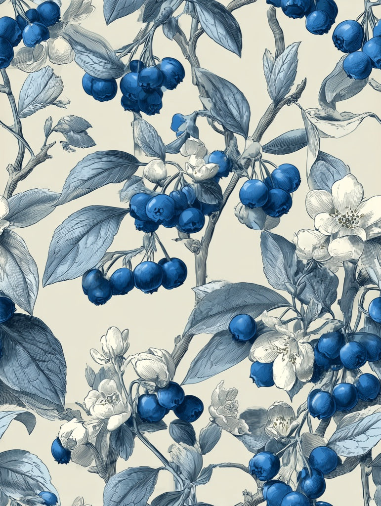 Blueberry Vine Cream Botanical Wallpaper pattern artwork