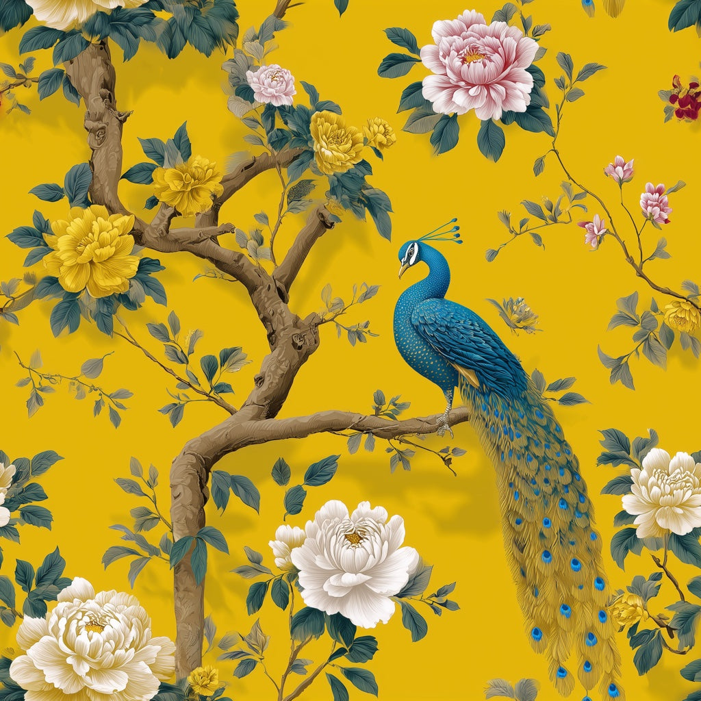 Vibrant Yellow Peony and Peacock Floral Wallpaper pattern artwork