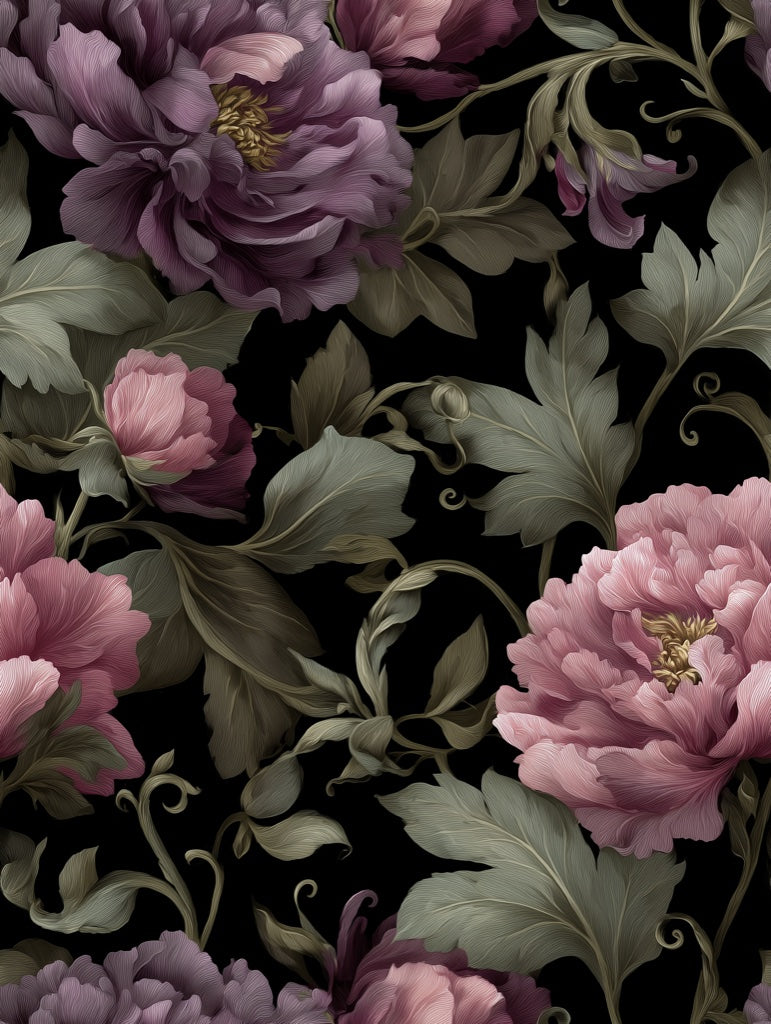 Dark Plum Peony Floral Wallpaper pattern artwork