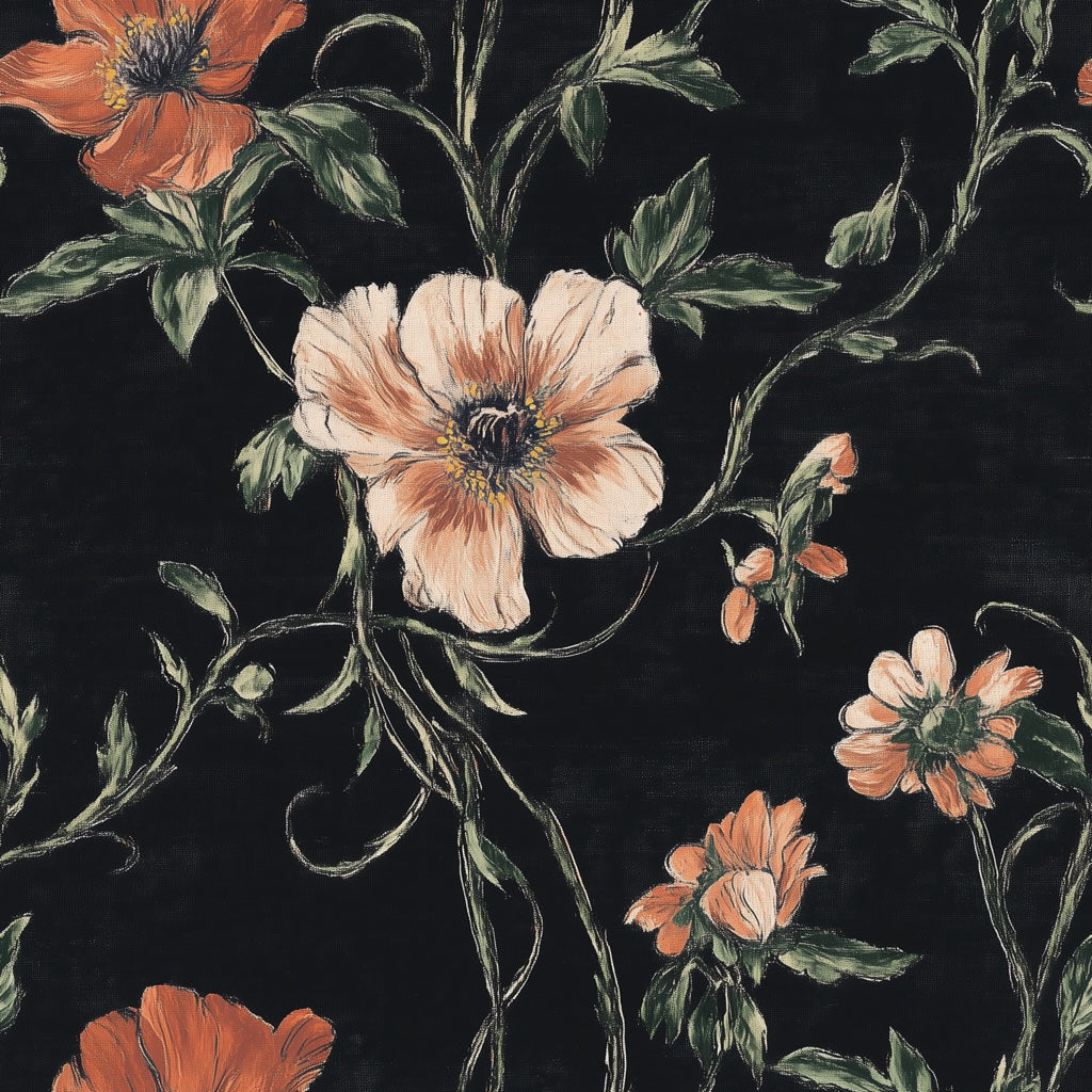 Midnight Black and Orange Large Floral Wallpaper pattern artwork