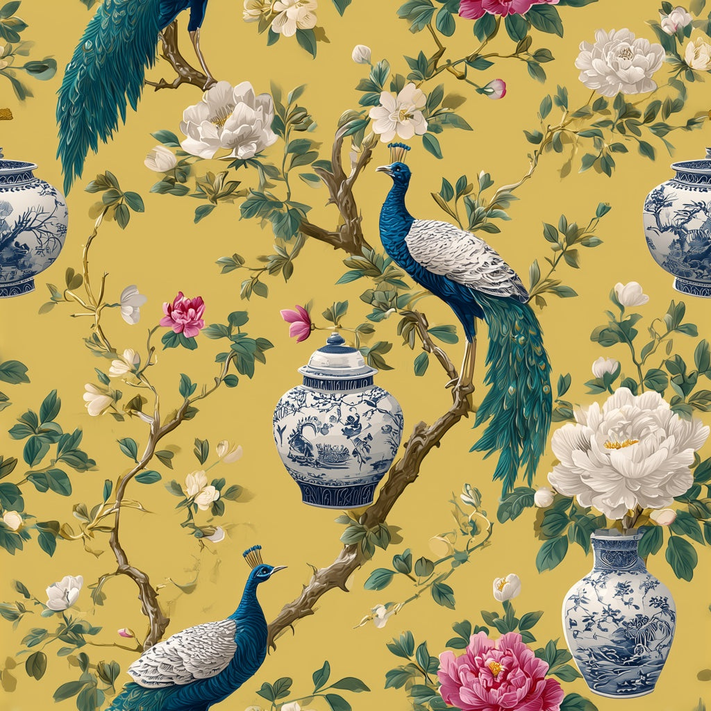 Vintage Yellow Peacock Floral Wallpaper pattern artwork