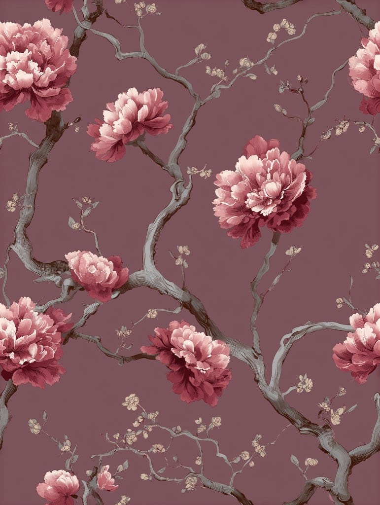 Burgundy Peony Blossom Floral Wallpaper pattern artwork