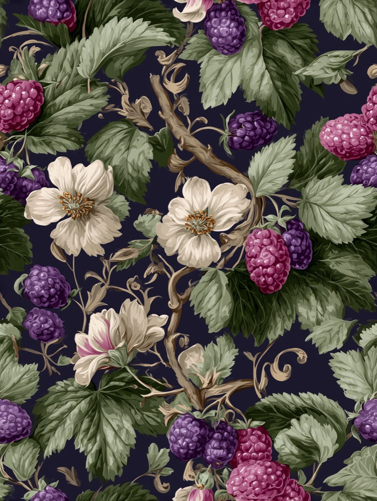 Deep Navy Lush Berry Floral Wallpaper pattern artwork