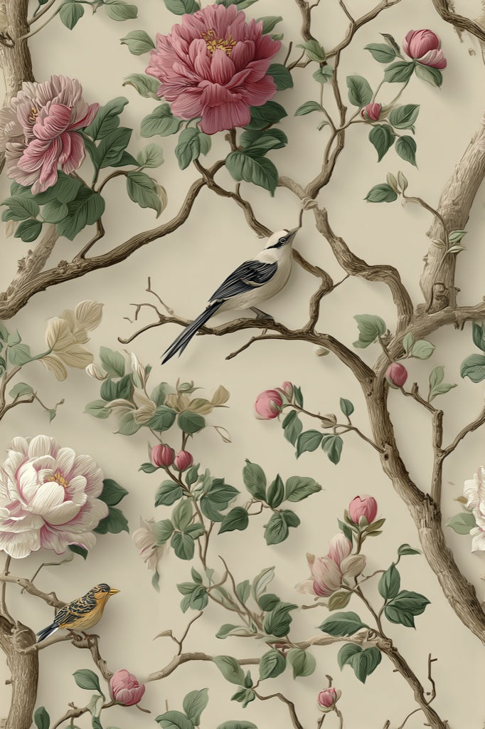 Cream Vintage Peony and Bird Wallpaper pattern artwork