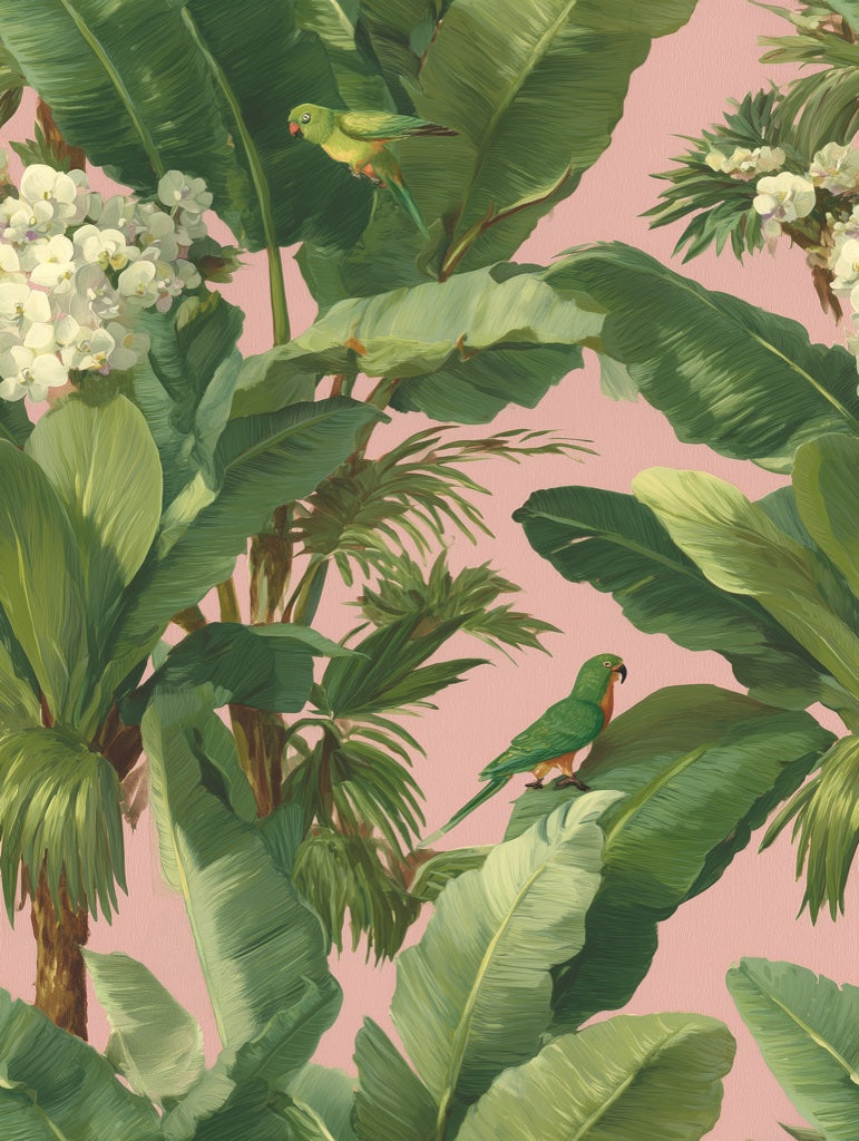 Warm Pink Tropical Palm and Parrot Wallpaper pattern artwork