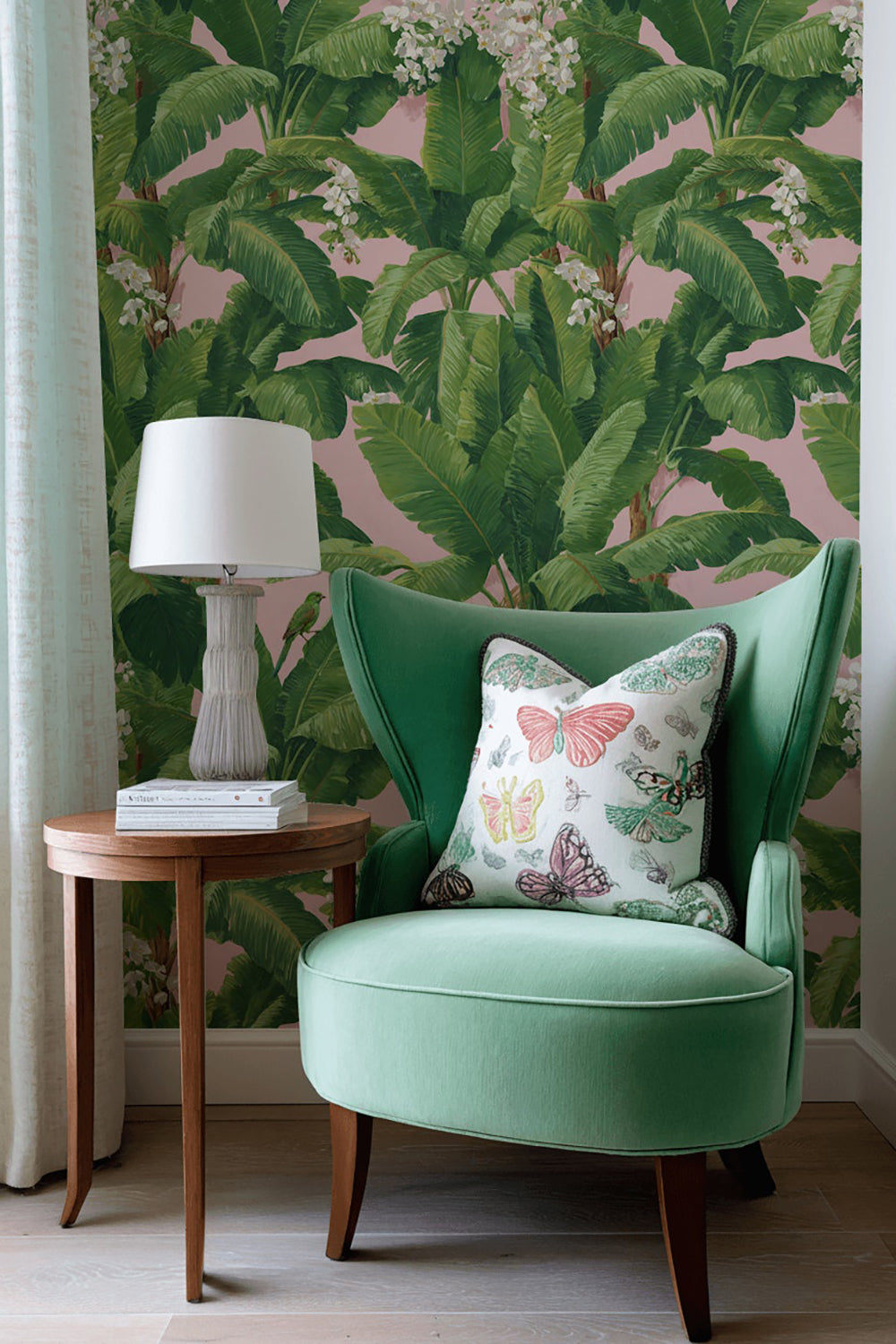 Blush Pink Tropical Leaves and Birds Wallpaper