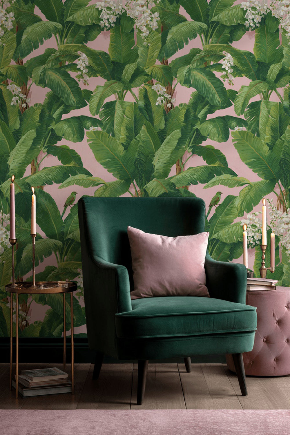 Blush Pink Tropical Leaves and Birds Wallpaper