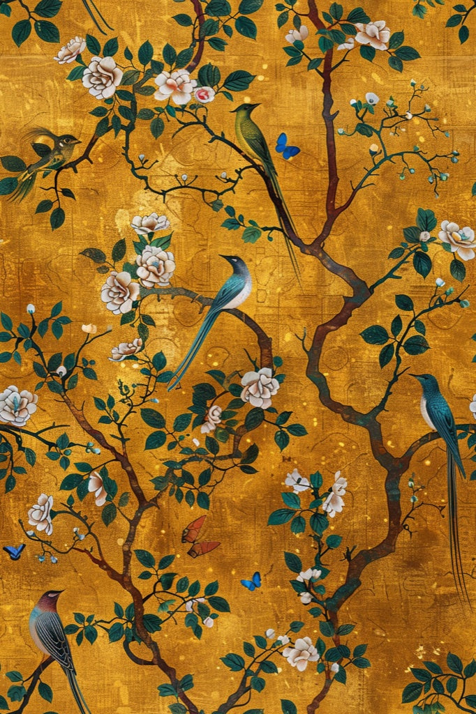Golden Look Chinoiserie Birds and Roses Wallpaper pattern artwork