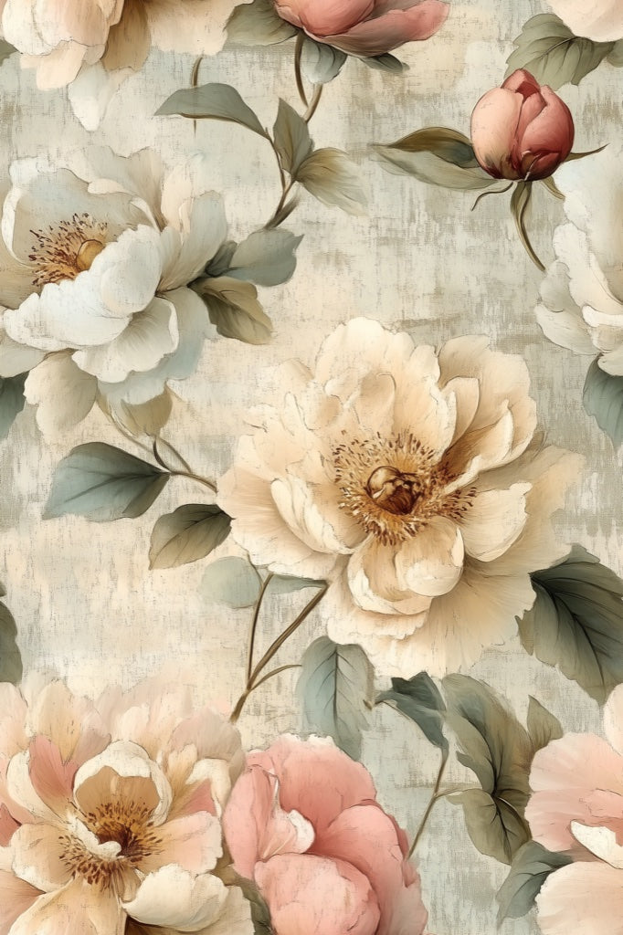 Vintage Cream Peonies and Leaves Wallpaper pattern artwork