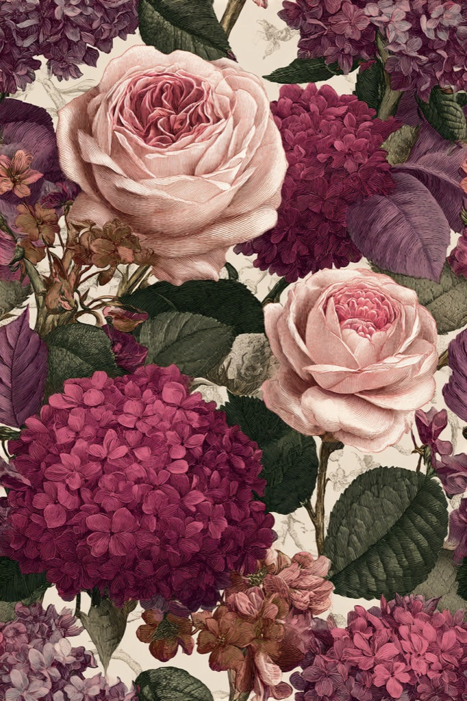 Cream and Plum Bold Rose Floral Wallpaper pattern artwork