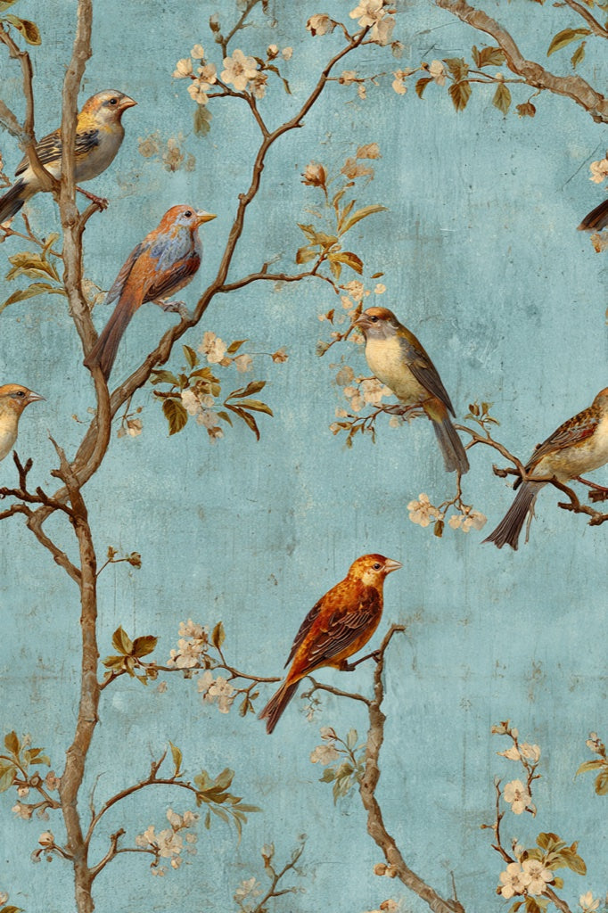 Teal Botanical Birds with Cherry Blossom Wallpaper pattern artwork