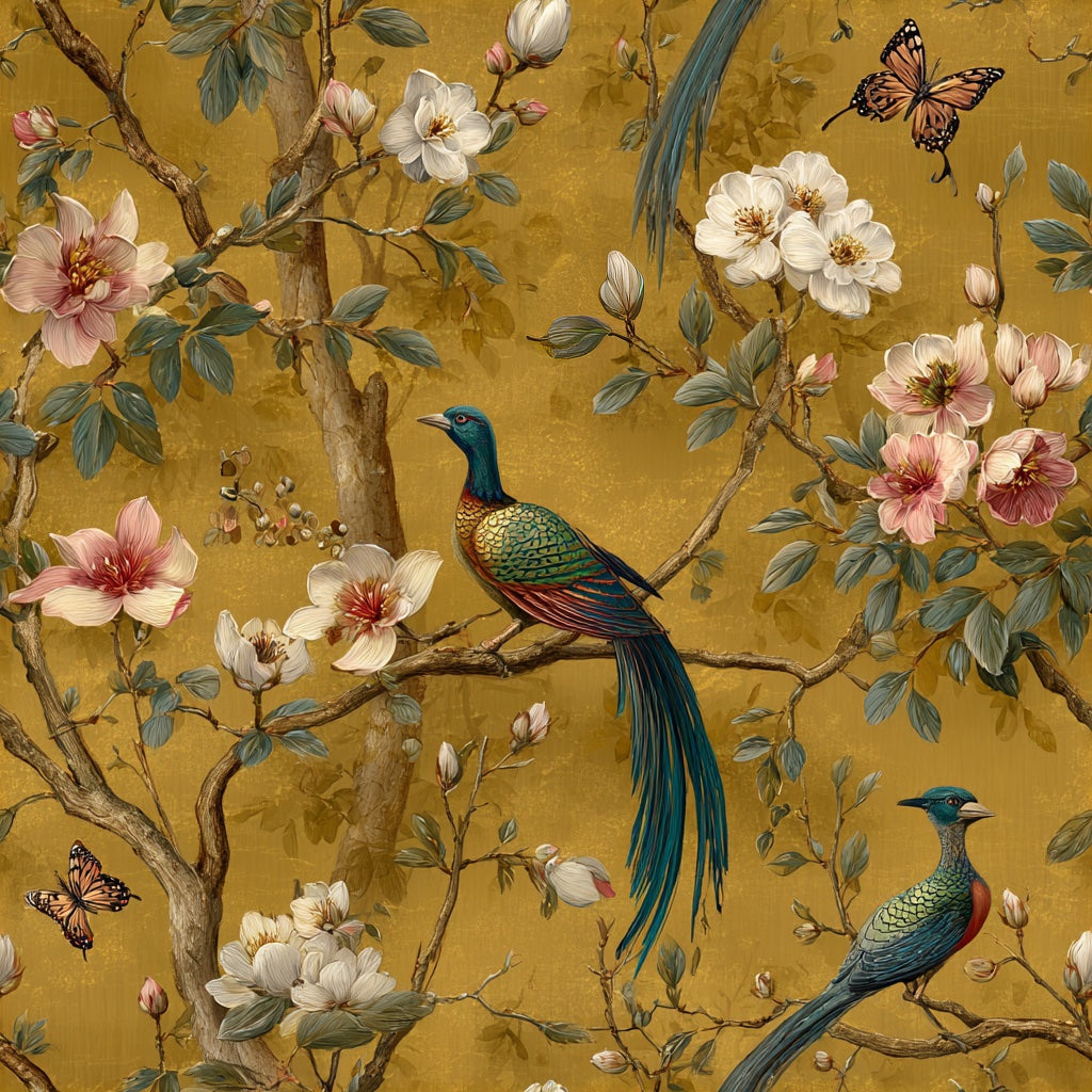 Golden Look Floral and Bird Chinoiserie Wallpaper pattern artwork