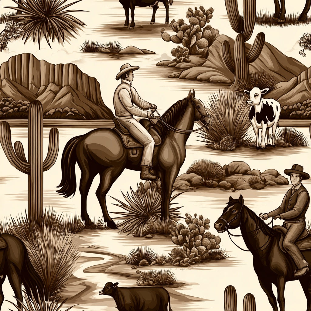 Sepia Tone Western Landscape Horsemen Wallpaper pattern artwork