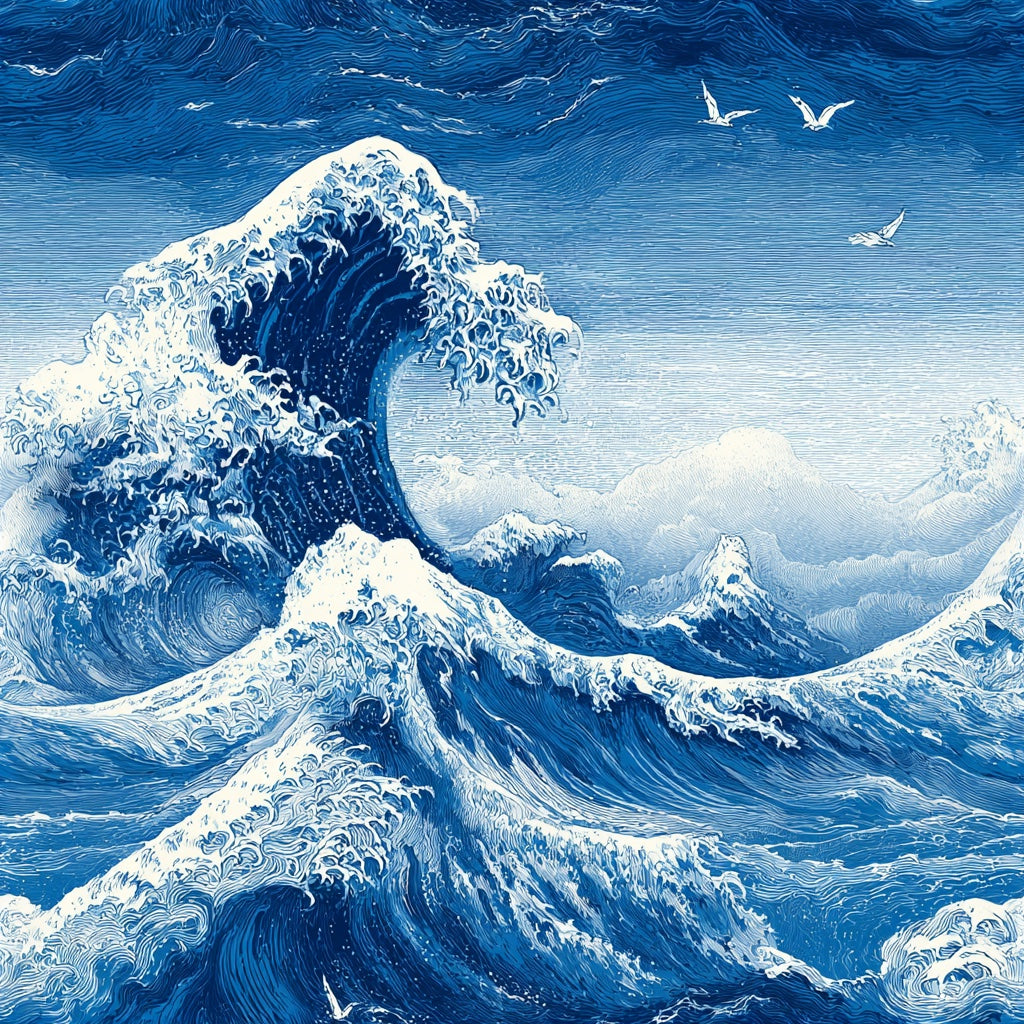 Deep Blue Japanese Wave Wallpaper pattern artwork