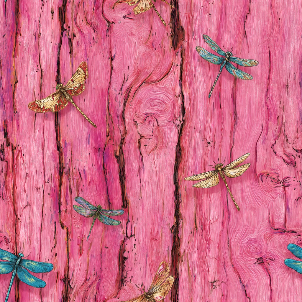 Vivid Pink Dragonfly and Woodgrain Pattern Wallpaper pattern artwork