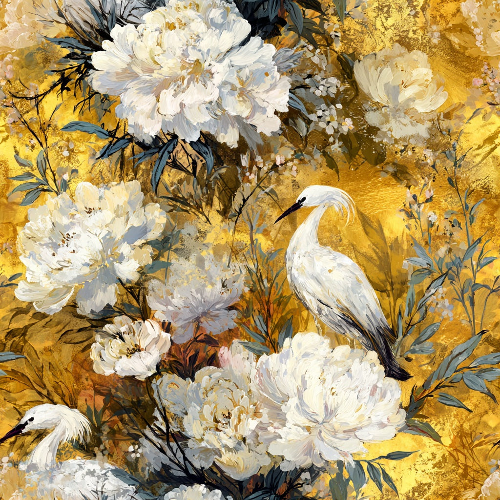 Opulent Gold Look Peony and Egret Floral Wallpaper pattern artwork