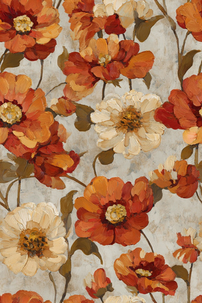 Warm Cream and Orange Poppy Floral Wallpaper pattern artwork