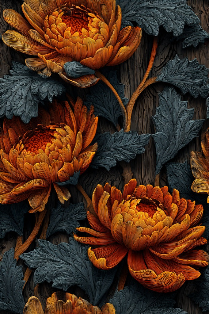 Deep Black and Orange Chrysanthemum Floral Wallpaper pattern artwork