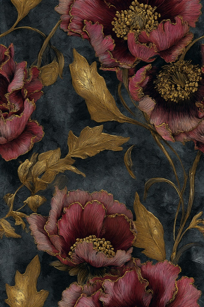 Dusky Black and Burgundy Large Floral Wallpaper pattern artwork