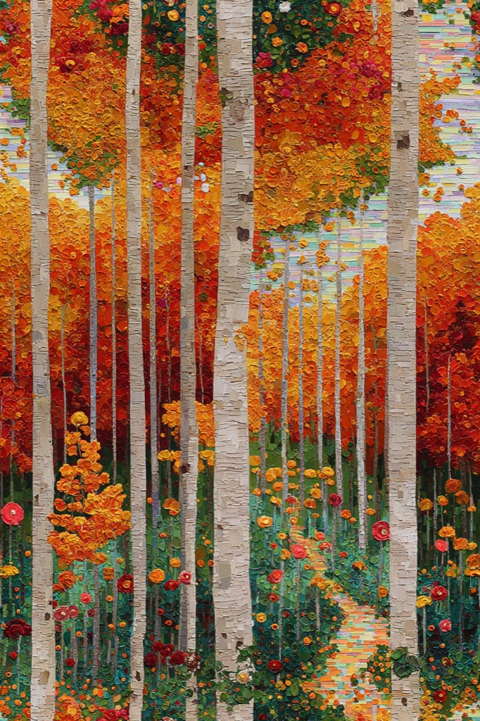 Vibrant Autumn Forest Path Wallpaper pattern artwork