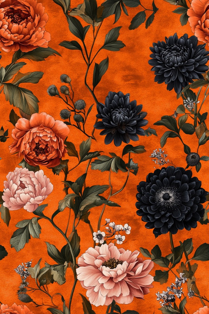 Burnt Orange and Black Large Floral Wallpaper pattern artwork