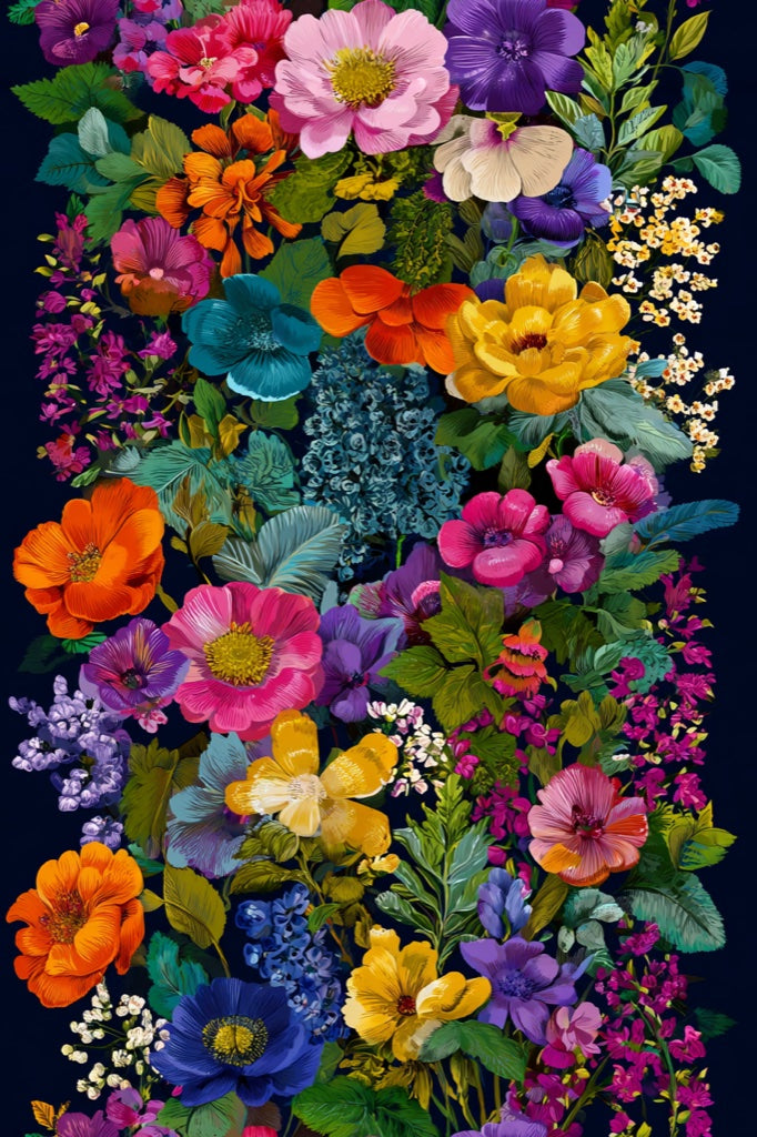 Multicolor Vibrant Blossoms on Deep Black Wallpaper pattern artwork