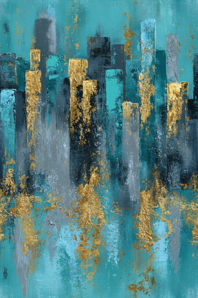 Turquoise and Gold Look Abstract Skyline Wallpaper pattern artwork