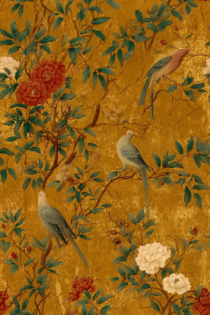 Rich Gold Look Chinoiserie Peony and Bird Wallpaper pattern artwork