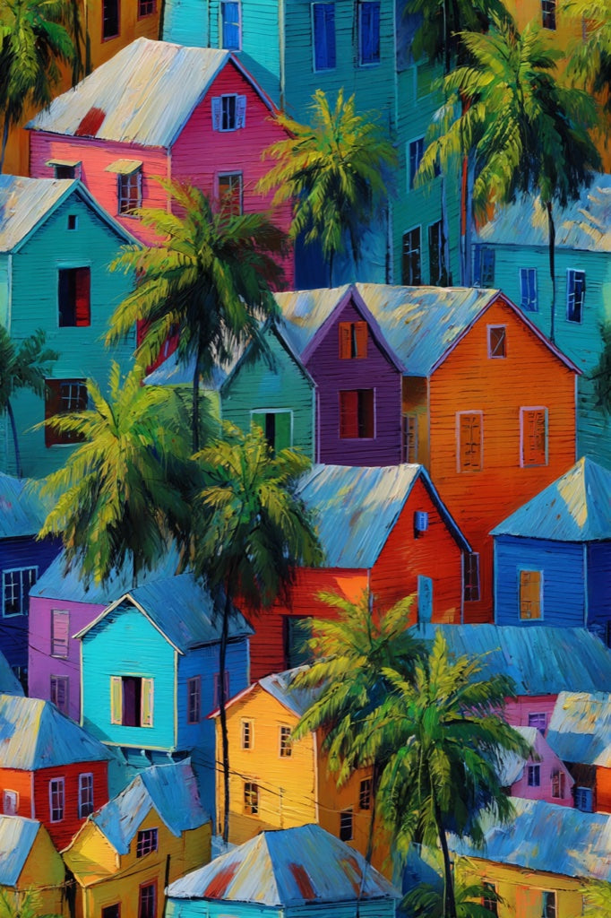Vibrant Multicolor Tropical Houses Wallpaper pattern artwork