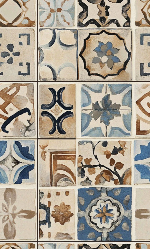 Beige and Blue Mediterranean Tile Pattern Wallpaper pattern artwork