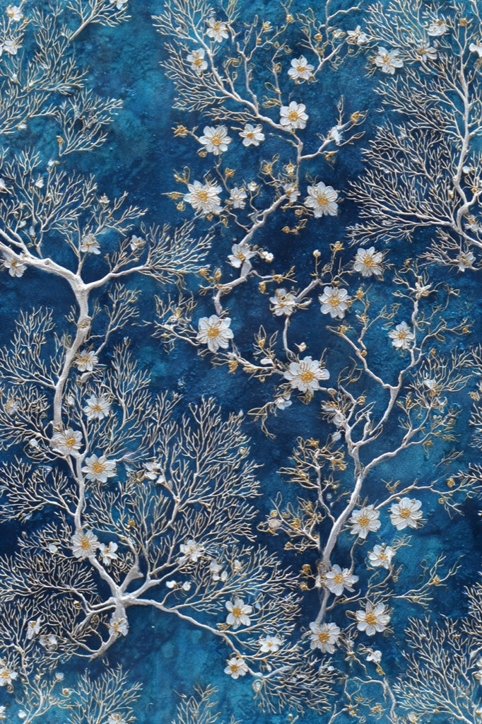 Midnight Blue Cherry Blossom Botanical Wallpaper pattern artwork