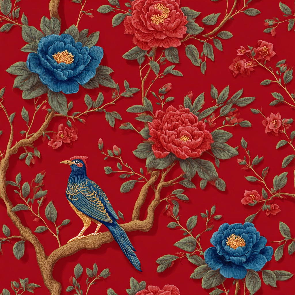 Bold Red Vintage Floral and Bird Wallpaper pattern artwork