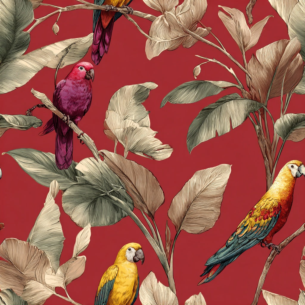 Rich Burgundy Parrot and Leaf Botanical Wallpaper pattern artwork